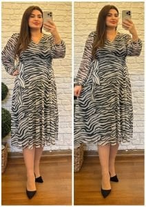 A126-Siyah bej zebra desen kuşaklı midiboy şifon elbise