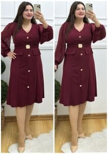 TR153-Bordo gold tokalı organze kol detaylı abiye elbise