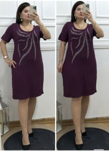 SF025-Mürdüm taş detaylı elbise