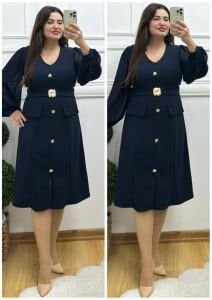 TR154-Lacivert gold tokalı organze kol detaylı abiye elbise