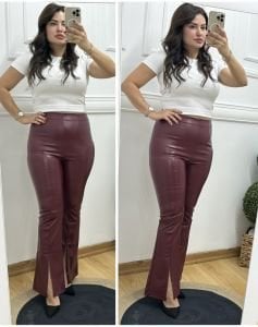YS024-Bordo yırtmaçlı deri pantolon