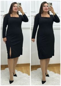 ZS041-Siyah kare yaka yırtmaçlı atlas kumaş elbise