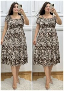 N092-Leopar desen madonna yaka elbise