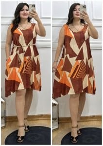 ZS017-Kavuniçi etnik desen beli ipli elbise