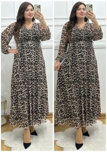 A067-Leopar desen V yaka kuşaklı maksiboy şifon elbise