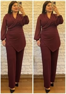 TR057-Bordo ceket yaka üç baroşlu düğme ikili takım