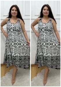 N093-Askı toka detaylı siyah beyaz motif desen elbise