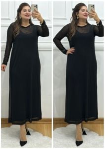 ZS042-Siyah hayaltül askılı atlas kumaş maksiboy elbise