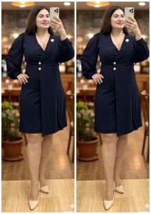 TR156-Lacivert gold broş çift düğme şifon kol abiye elbise