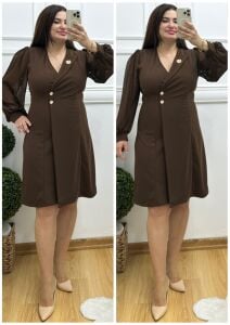 TR157-Kahve gold broş çift düğme şifon kol abiye elbise