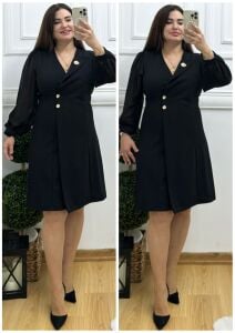 TR158-Siyah gold broş çift düğme şifon kol abiye elbise