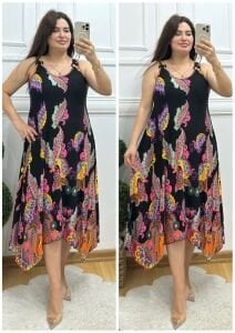 N096-Askı toka detaylı siyah üzeri neon çiçek desen elbise