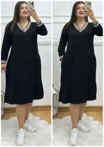 N080-Siyah v yaka şeritli spor elbise uzun kol