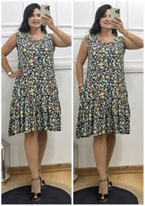 DG053-Renkli Çıtır çiçek oval yaka sıfır kol pliseli elbise