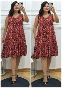 DG054-Kırmızı taş desen oval yaka sıfır kol pliseli elbise