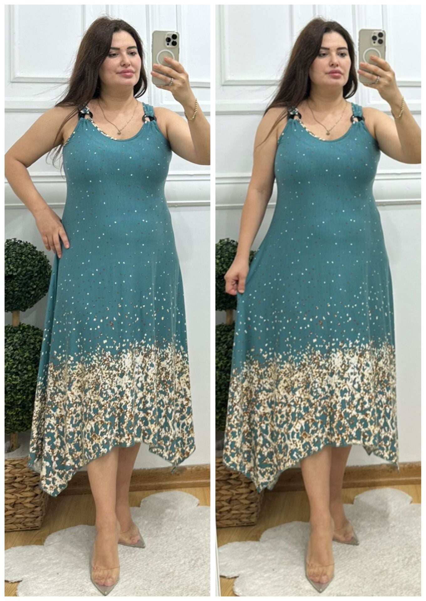 N098-Askı toka detaylı bebe mavisi desenli elbise