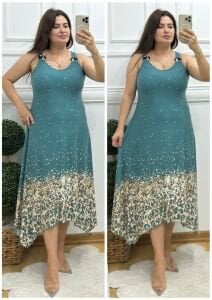 N098-Askı toka detaylı bebe mavisi desenli elbise