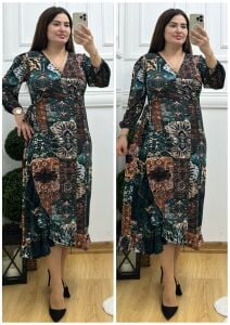 N102-Yeşil etnik desen anvalop elbise