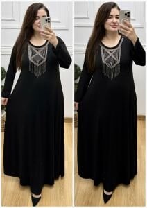 N100-Siyah boncuk süslemeli maksiboy elbise