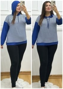FT053-Mavi beyaz çizgili kapşonlu tunik