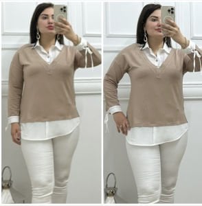 FT051-Krem gömlekli tunik