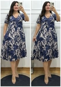 N054-Mavi batik desen V yaka elbise
