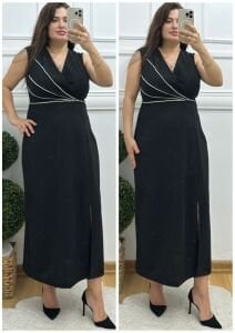 TR117-Siyah Kruvaze sıvama taş işlemeli yırtmaçlı abiye