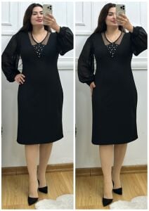 TR159-Siyah boncuk işlemeli tül detaylı abiye