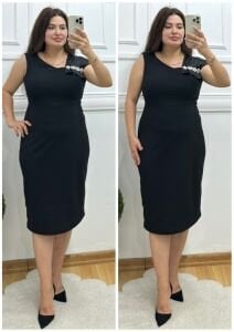 TR118-Siyah Omuzu broş işlemeli abiye elbise