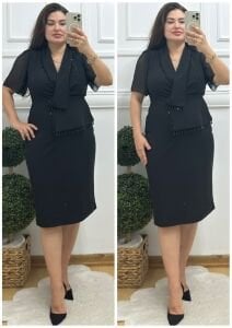 TR120-Siyah boncuk saçaklı abiye elbise