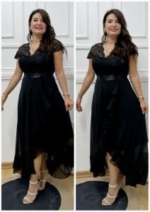 TR014-Siyah Fransız dantel organze şifon abiye elbise