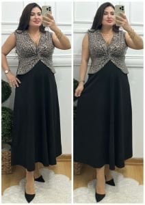 TR073-Kruvazesi leopar desen önü düğüm detaylı abiye elbise