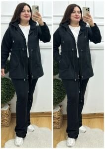 CF004-Siyah kapşonlu yumoş polar