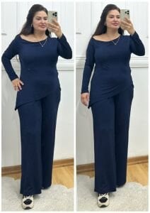VL108-Lacivert viskon kumaş omuz açık ikili takım