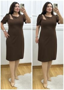 TR163-Kahve omuz file işlemeli abiye