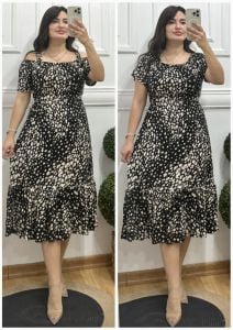 N058-Siyah krem taş desen madonna yaka elbise