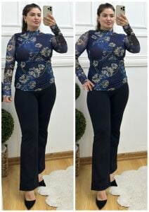 SF047-Lacivert krem kolu tül drapeli bluz