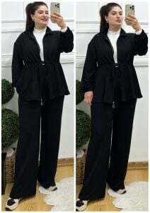 VL129-Siyah beli iplli fermuar detaylı ikili takım