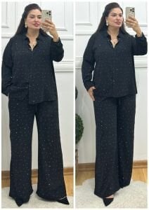 ZS107-Siyah sıvama taş detaylı ikili takım