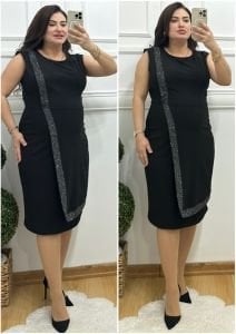 TR075-Siyah tek parça şerit simli oval yala abiye elbise