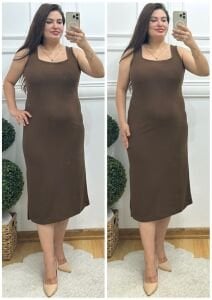 ZS108-Kahverengi kare yaka kalın askı detaylı elbise