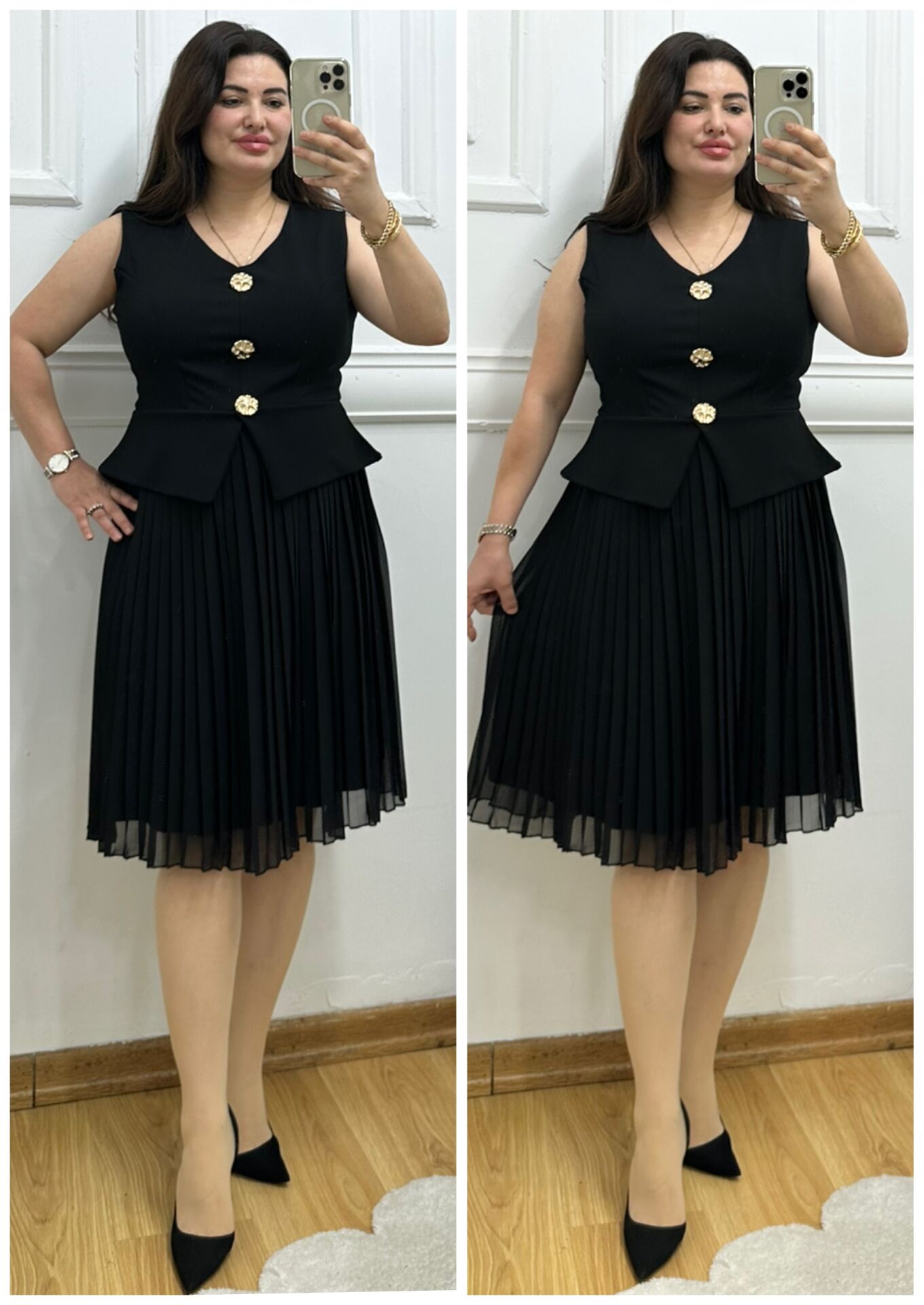 TR185-Piliseli Peplum 3'lü gold düğmeli yelekli elbise