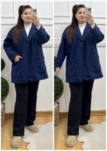 OG010-Lacivert Oversize kırçıllı kaban