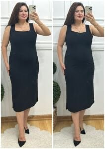 ZS110-Siyah kare yaka kalın askı detaylı elbise