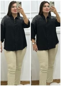 ZS045-Siyah yakası taşlı gömlek