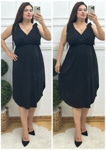 ZS111-Siyah kruvaze yaka bağlamalı askılı elbise