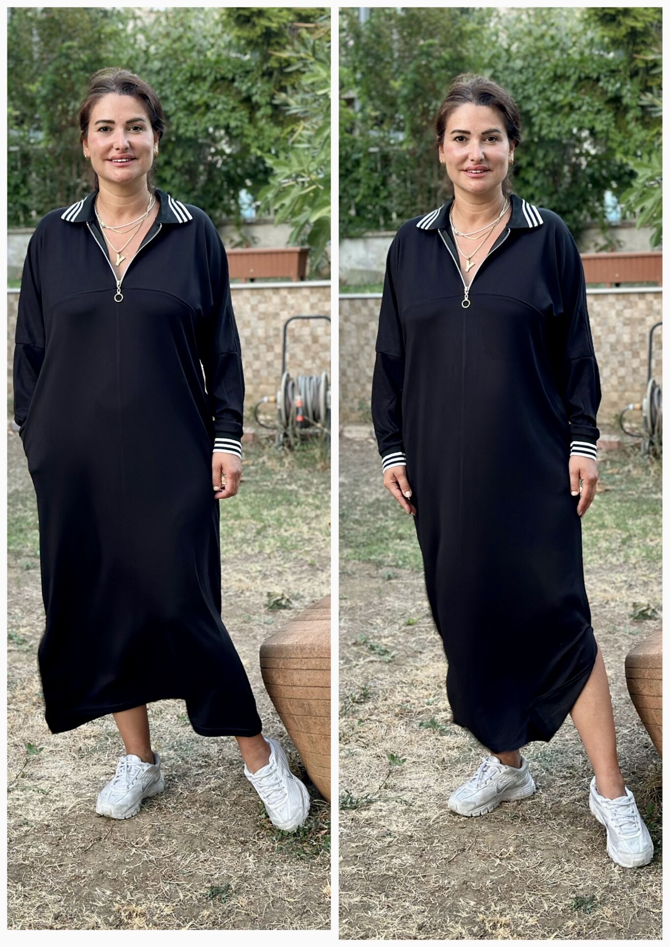 DR025-Çizgi Detaylı Fermuarlı Polo Yaka Oversize Maxi Elbise