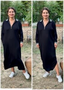 DR025-Çizgi Detaylı Fermuarlı Polo Yaka Oversize Maxi Elbise