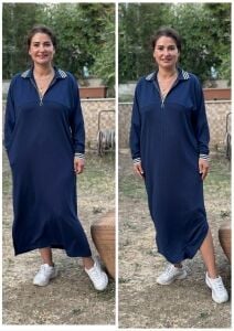 DR025-Çizgi Detaylı Fermuarlı Polo Yaka Oversize Maxi Elbise