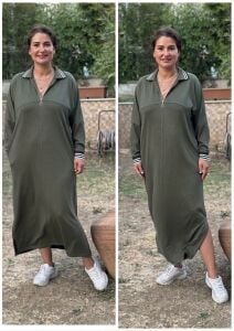 DR025-Çizgi Detaylı Fermuarlı Polo Yaka Oversize Maxi Elbise